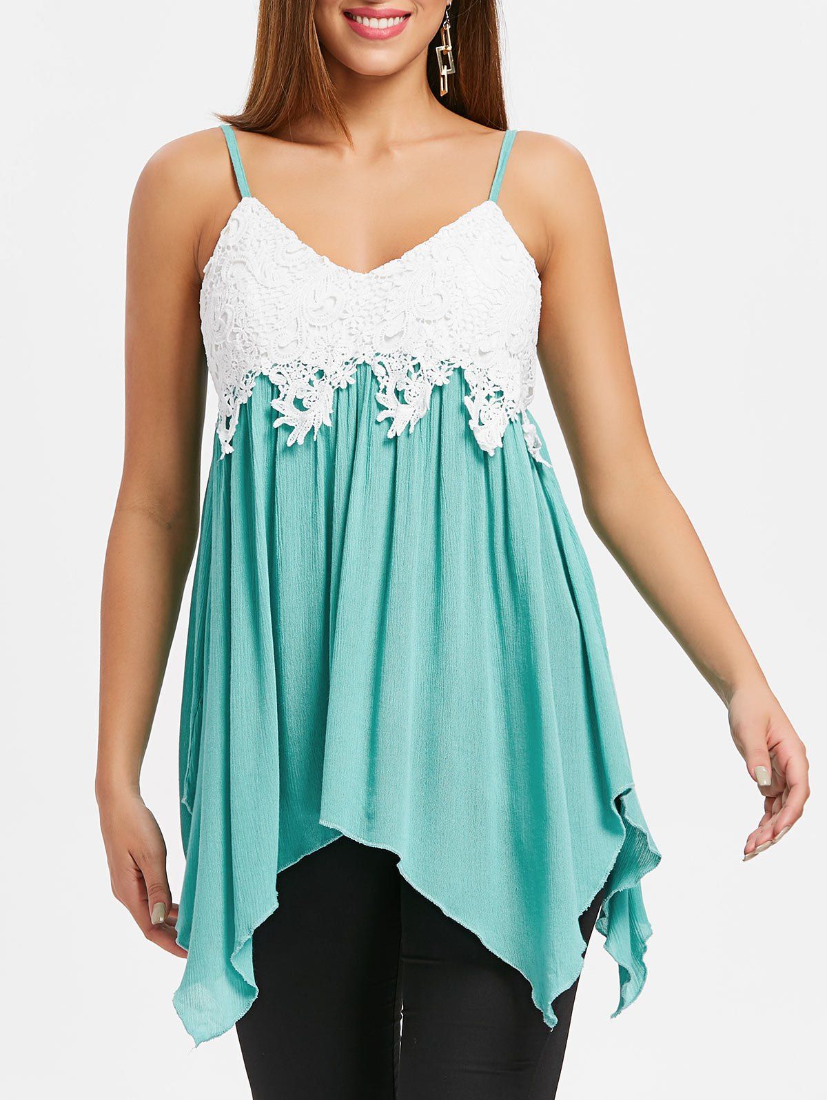 

Crochet Panel Spaghetti Strap Handkerchief Top, Cyan opaque