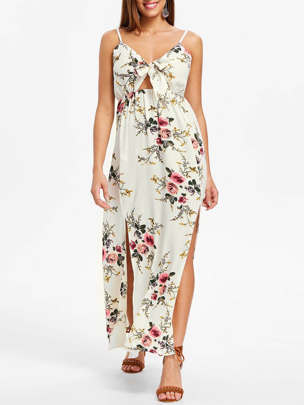 

Floral Print Front Slit Maxi Dress, Beige