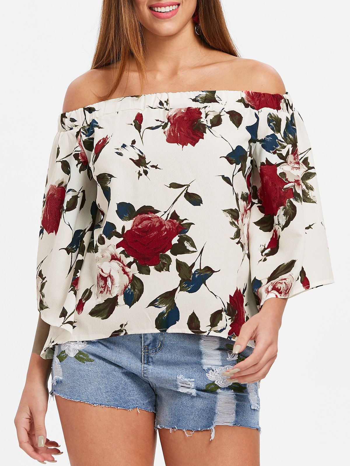 

Back Slit Floral Off Shoulder Blouse, Beige