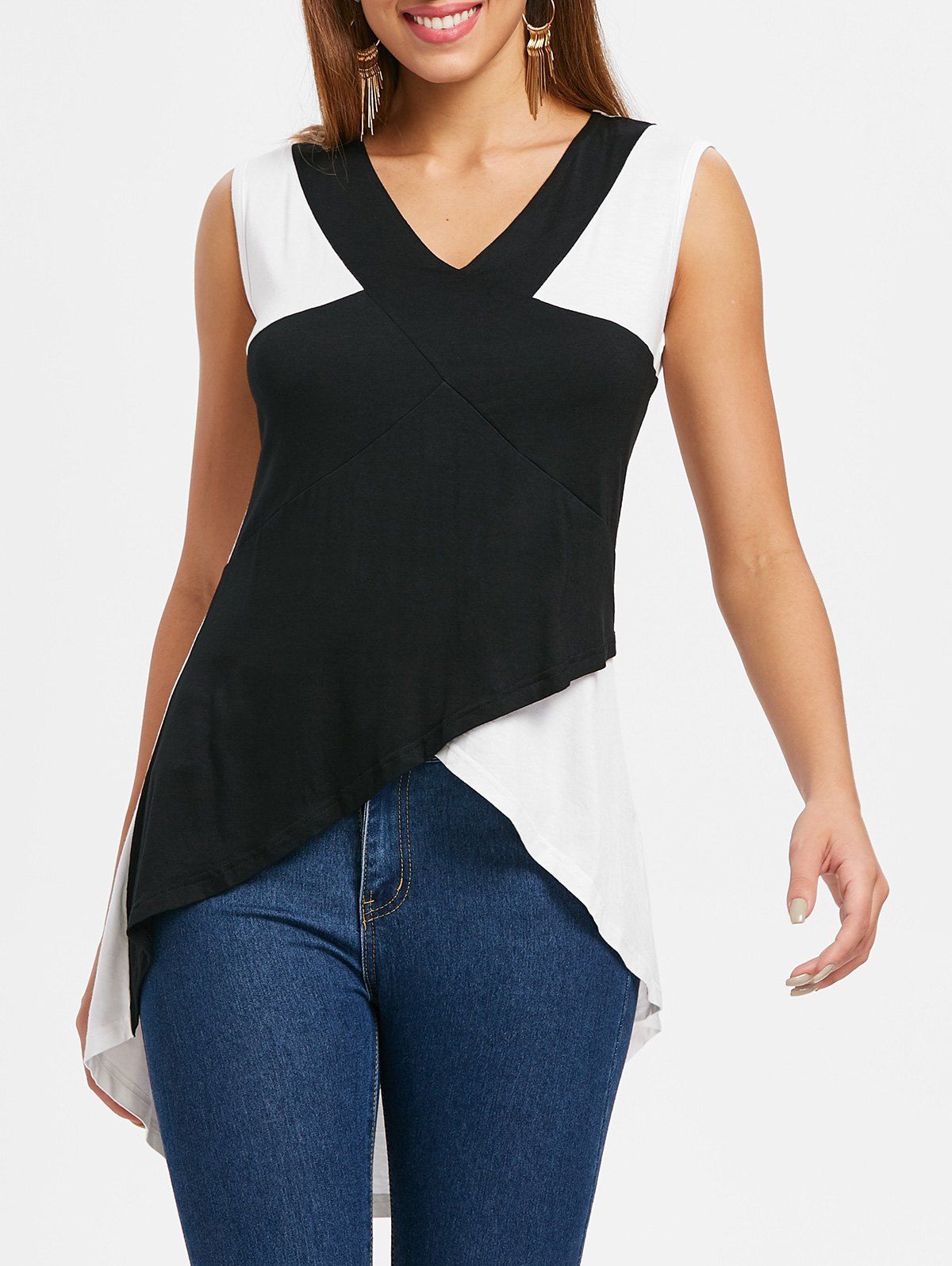 

High Low Color Block Tank Top, White