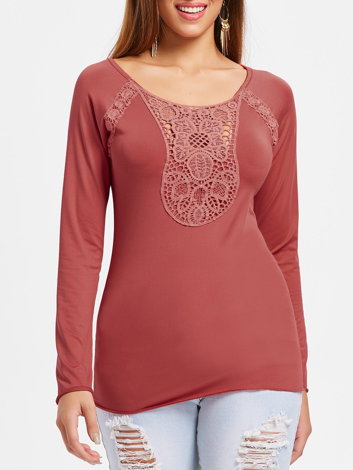 

Lace Panel Scoop Neck Plain T-shirt, Watermelon pink