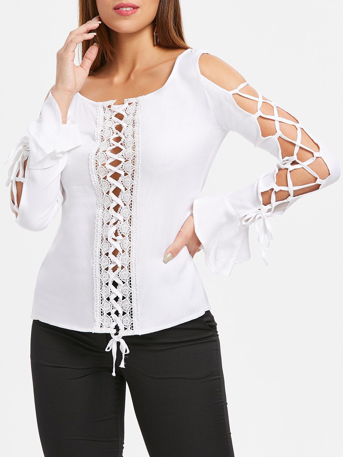 

Lace Insert Lace Up Top, White