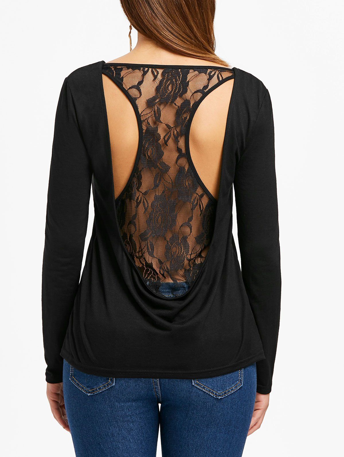 

Long Sleeve Racerback Lace Insert Top, Black