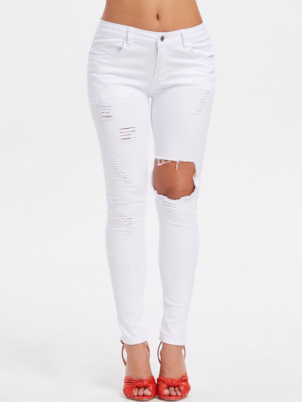 

High Waist Torn Pants, Milk white