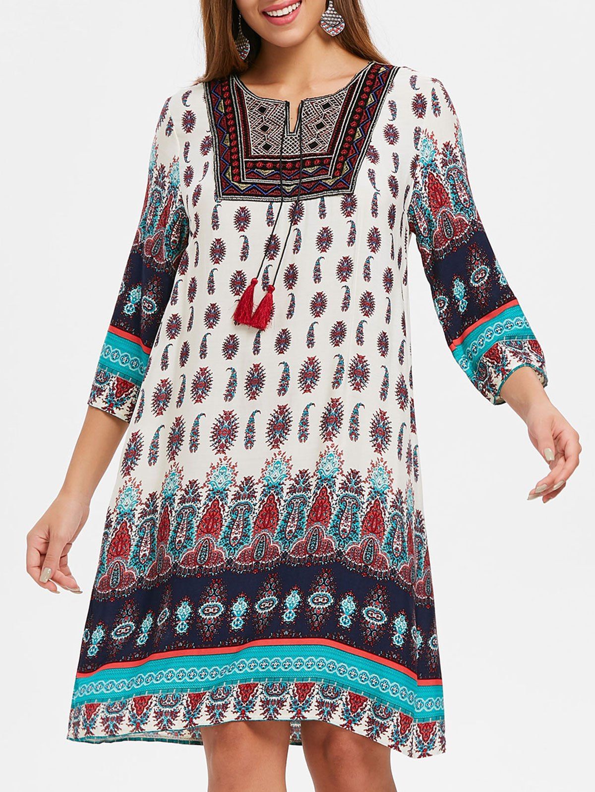 

Tribal Print Embroidered Dress, White