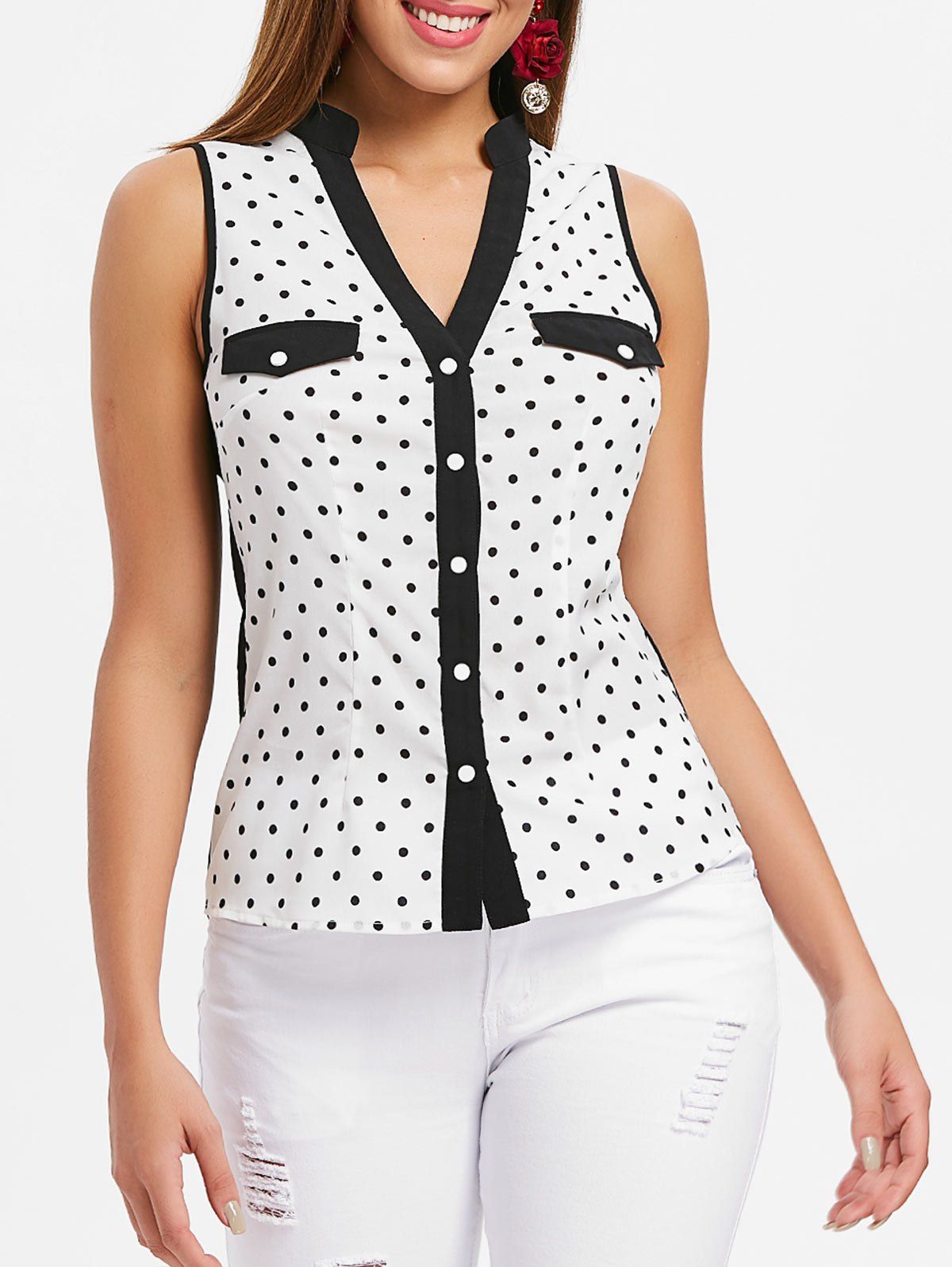 

Polka Dot Panel Sleeveless Blouse, Multi