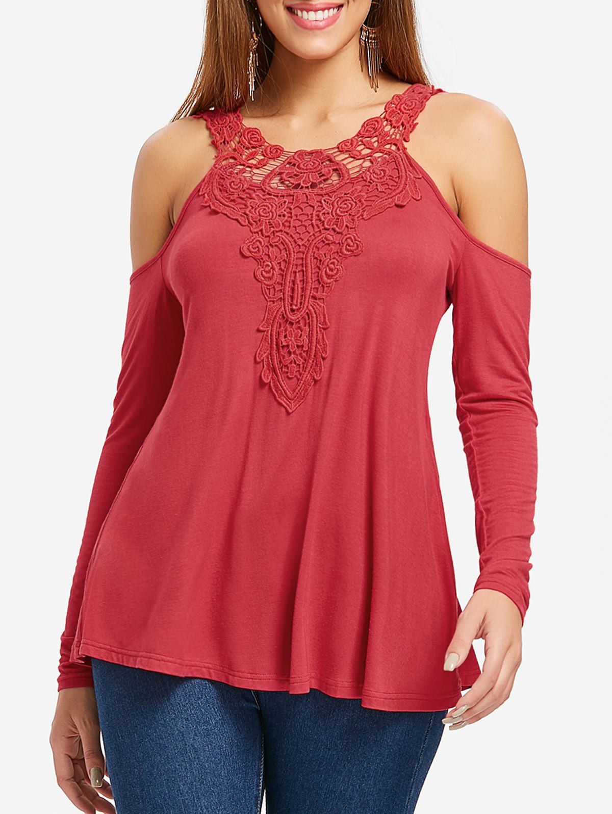 

Open Shoulder Lace Crochet Swing T-shirt, Red