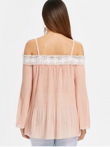 

Open Shoulder Lace Insert Pleated Blouse, Light pink