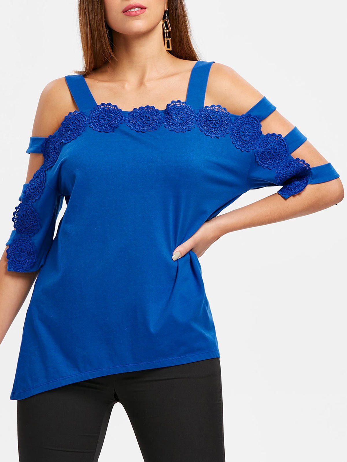 

Applique Ladder Cut Out Asymmetrical T-shirt, Blue