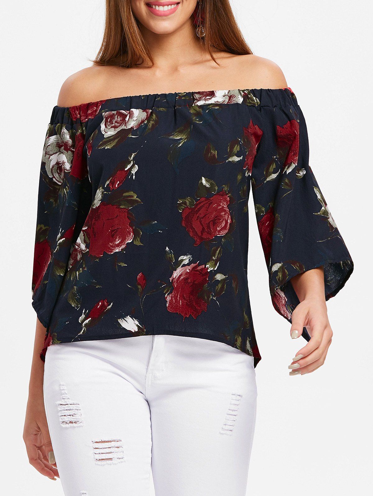 

Back Slit Floral Off Shoulder Blouse, Midnight blue