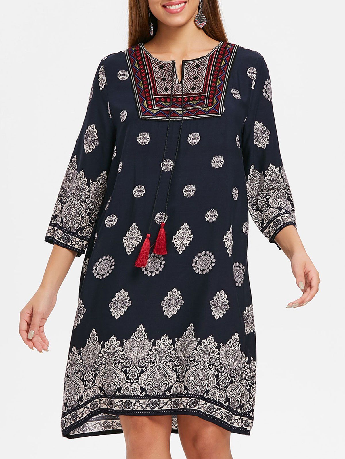 

Embroidered Ethnic Print Dress, Cadetblue