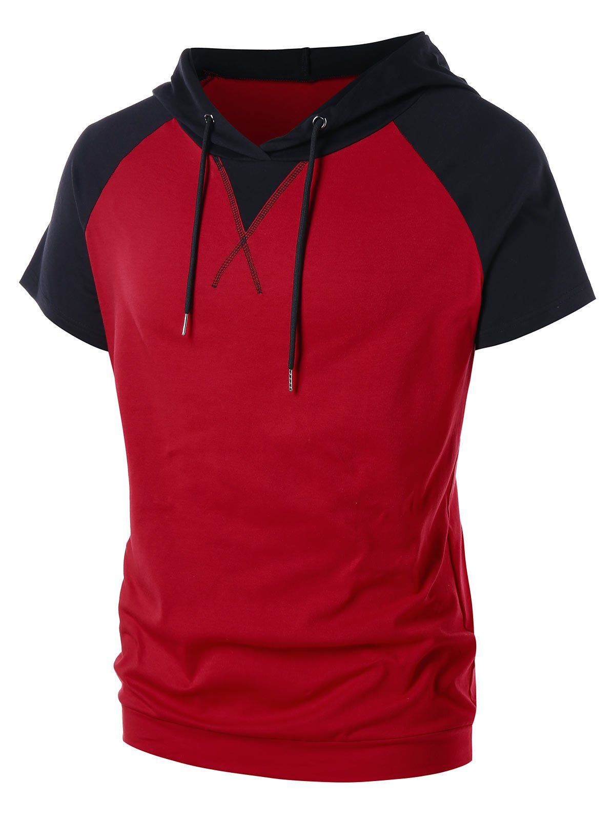 

Contrast Color Raglan Sleeve Drawstring Hoodie, Red wine