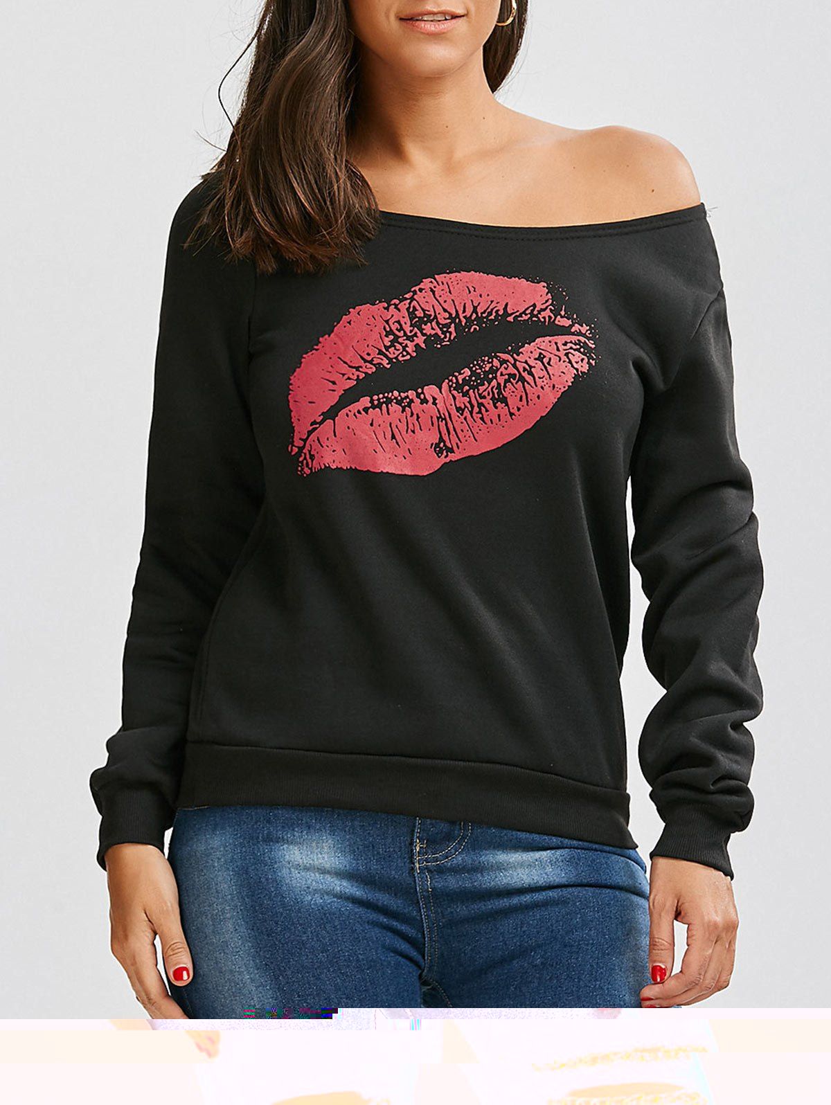 

Skew Collar Lip Print Sweatshirt, Red with black