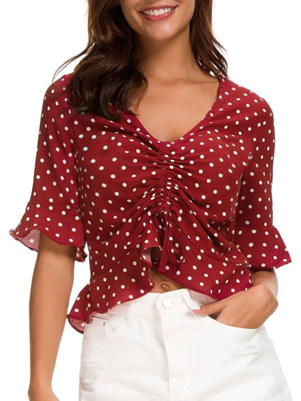 

Ruffle Hemline Polka Dot Print Crop Top, Red wine