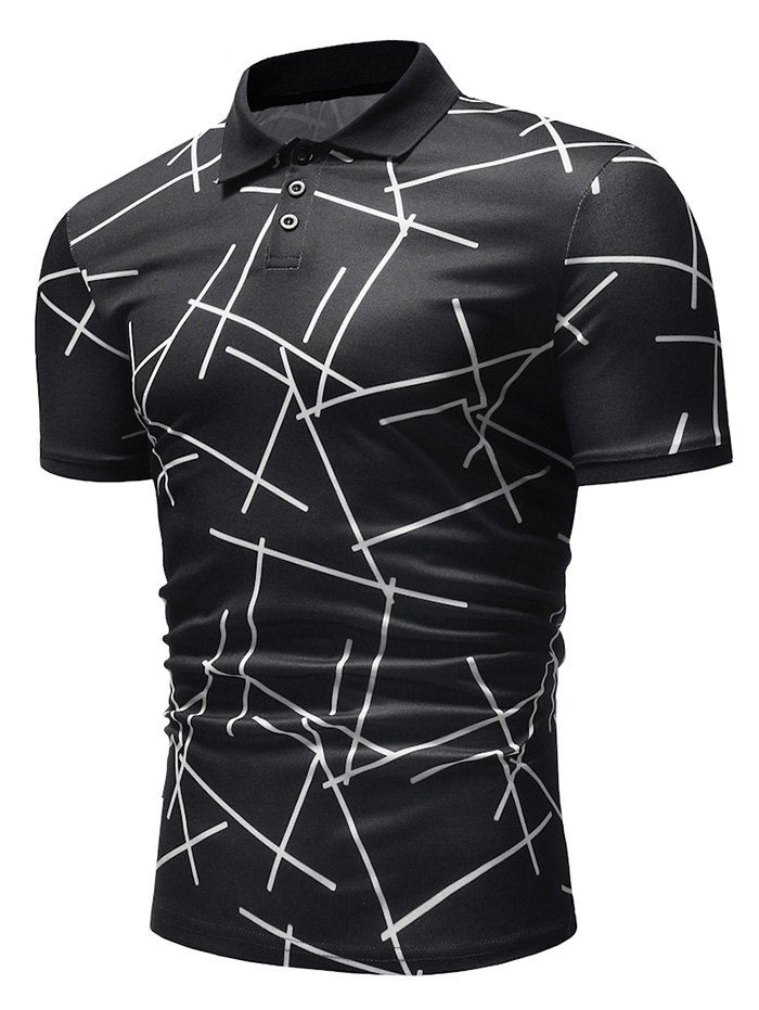 

Scrambled Lines Print Short Sleeve Polo Shirt, Black
