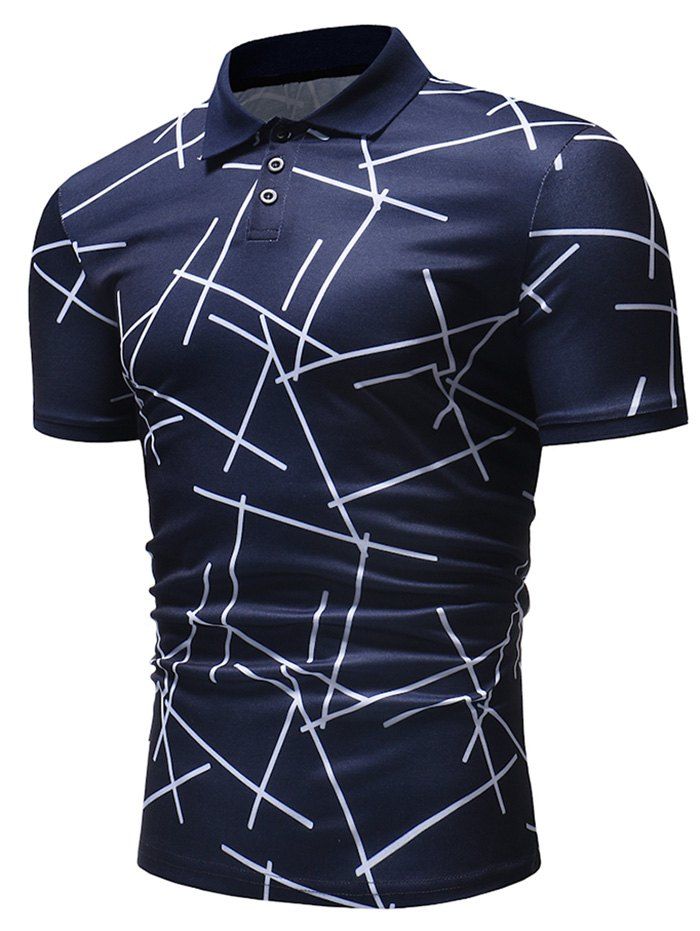 

Scrambled Lines Print Short Sleeve Polo Shirt, Cadetblue