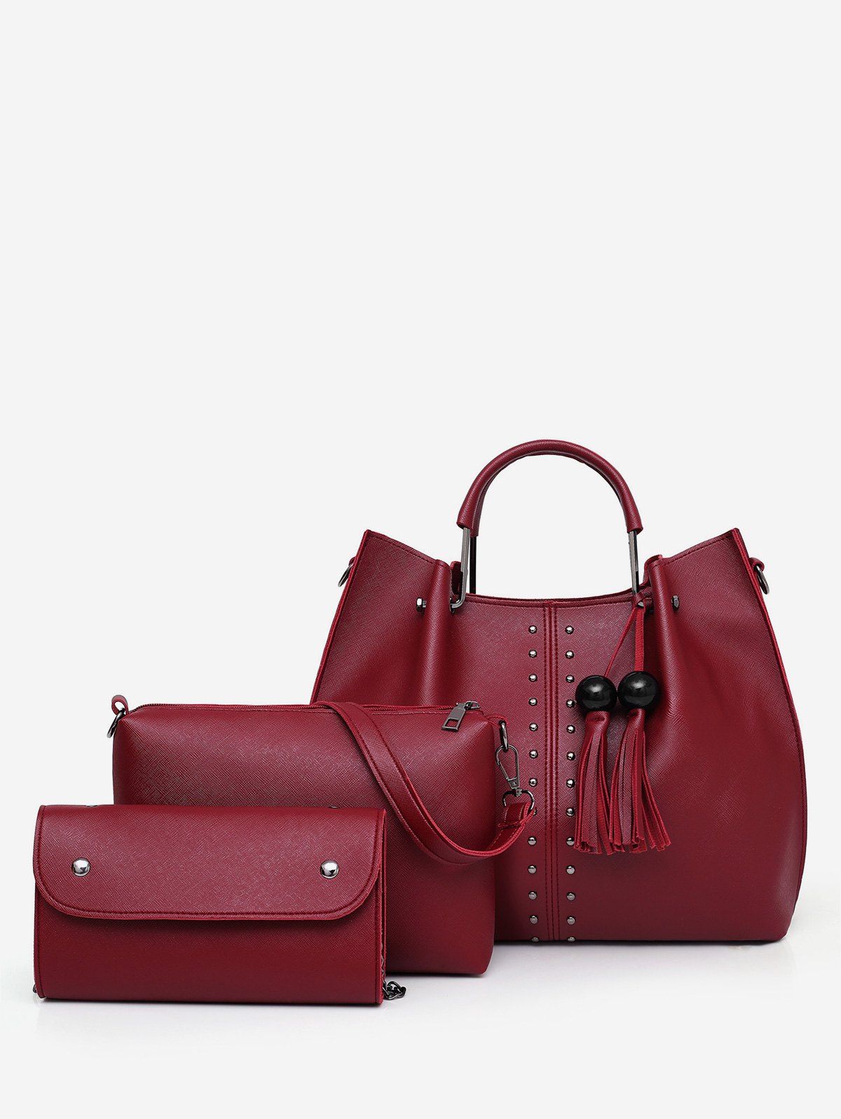 

Practical Tassels Beading Decoration Studs 3 Pieces Tote Bag Set, Red wine