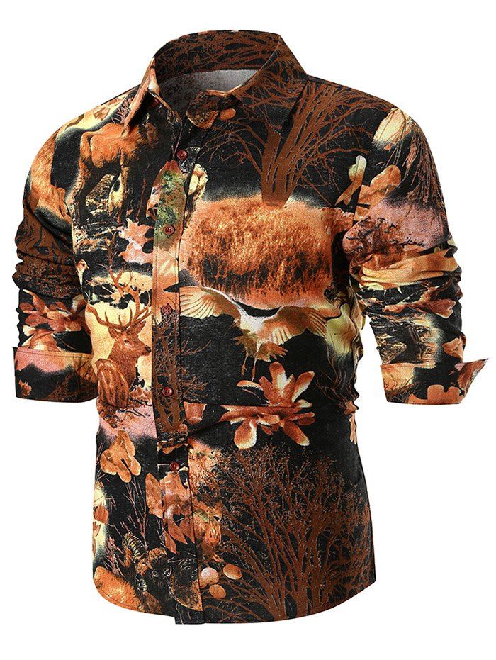 

Trees Elk Print Turn Down Collar Shirt, Multi