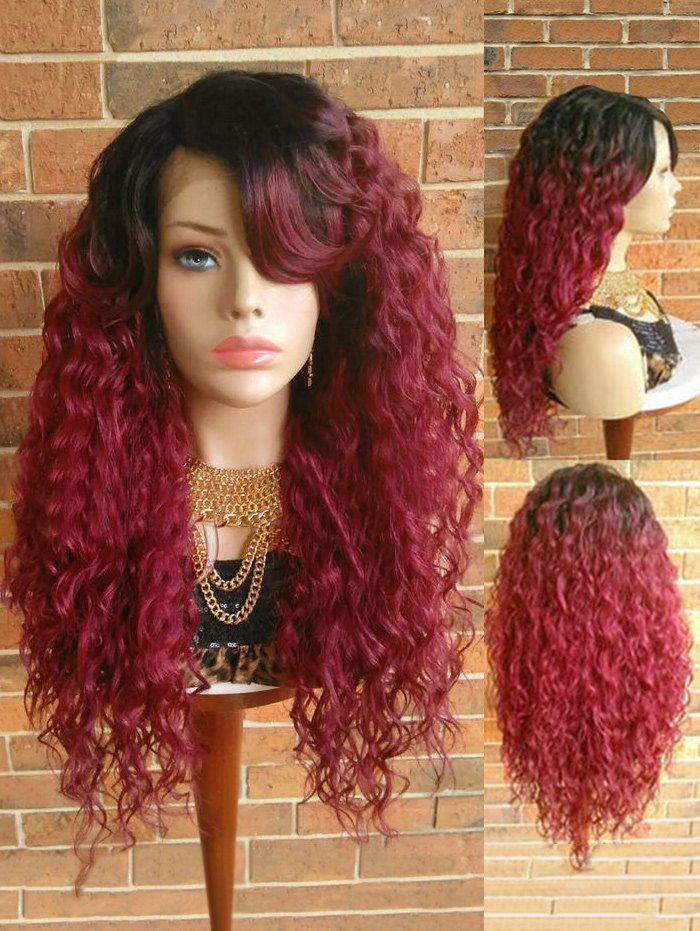 

Long Inclined Bang Gradient Water Wave Lace Front Synthetic Wig, Multi