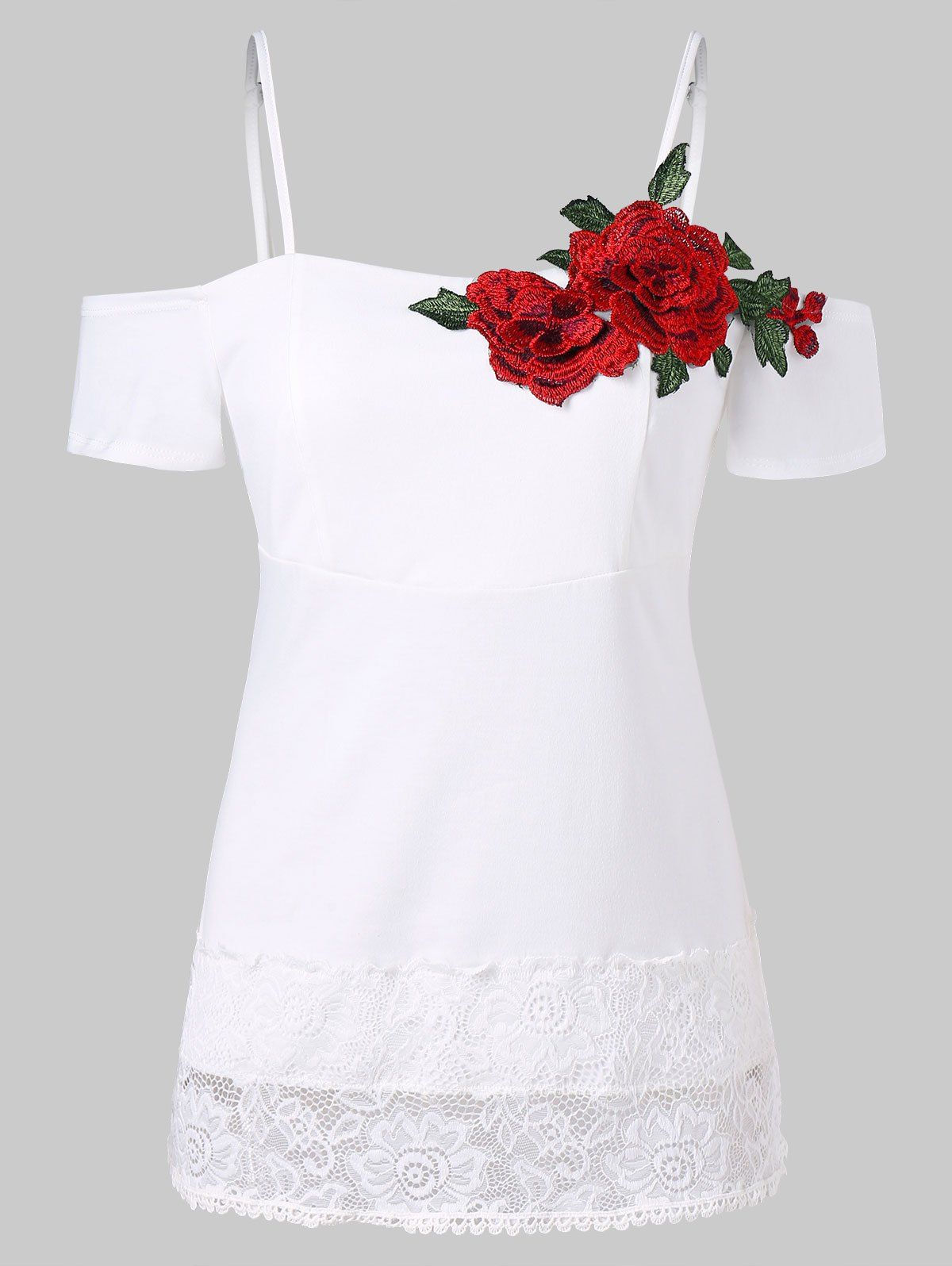 

Cold Shoulder Lace Insert Embroidered Tee, White