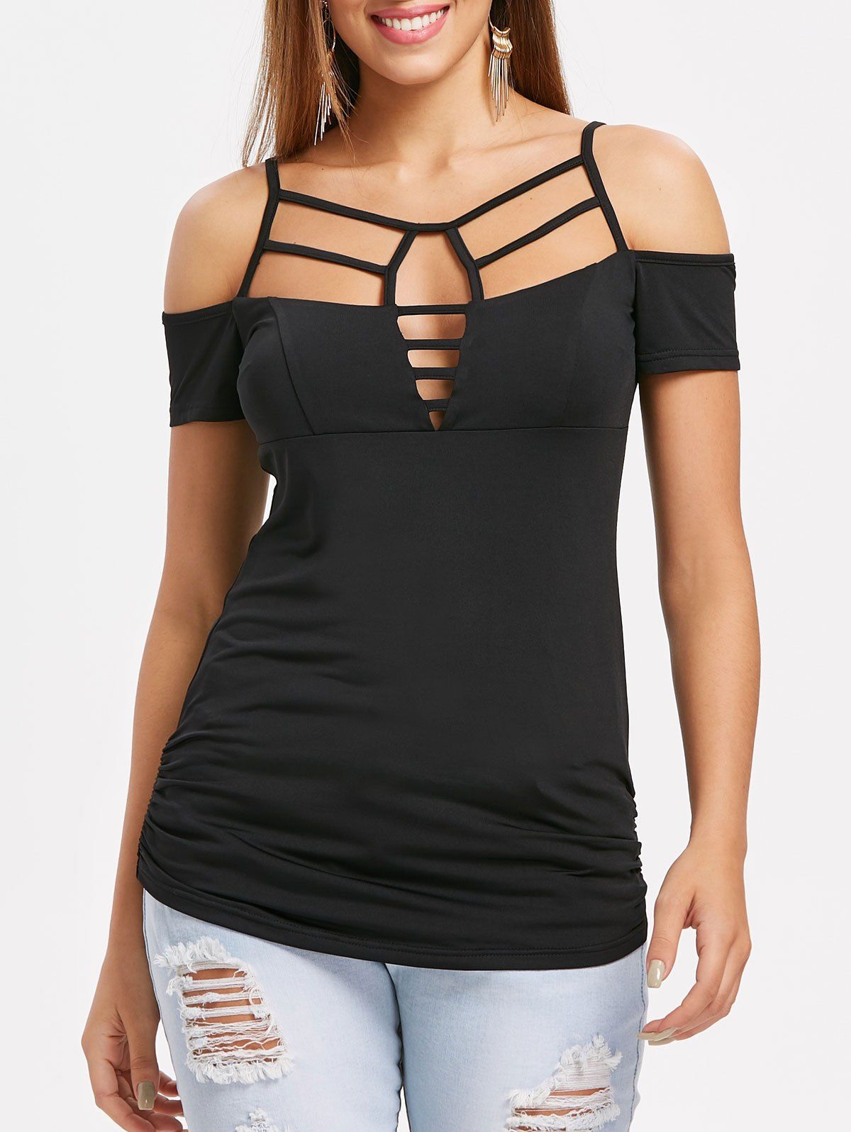 

Strappy Cut Cold Shoulder T-shirt, Black
