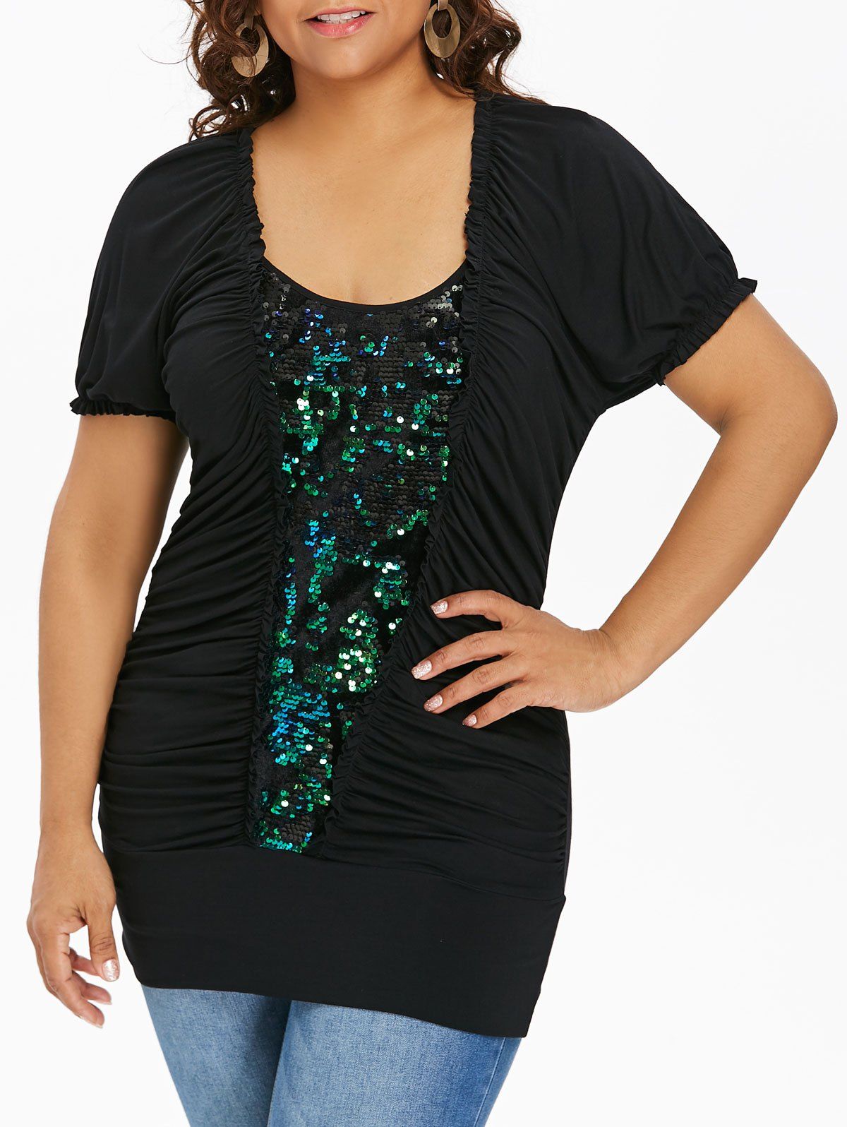 

Plus Size Ruched Glittery T-shirt, Black