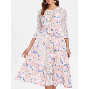 

Sheer Lace Floral Chiffon Flare Dress, White