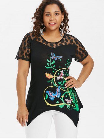 

Plus Size Butterflies Mesh Yoke T-shirt, Black