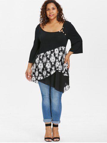 

Plus Size Floral Three Quarter Sleeve T-shirt, Black