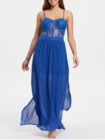 Sheer Lace Panel Cami Strap Chiffon Dress