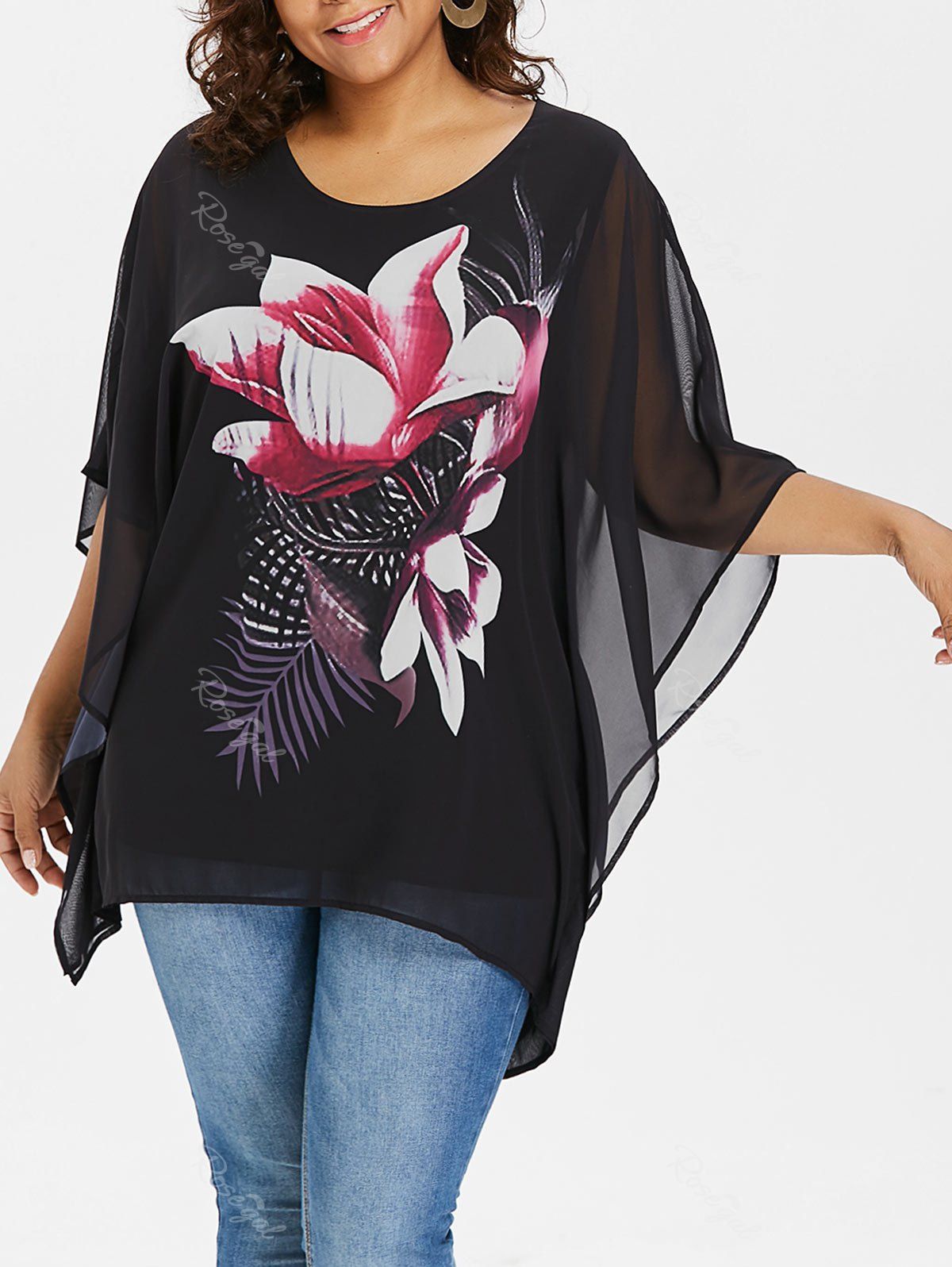 

Round Neck Plus Size Floral Print Blouse, Black