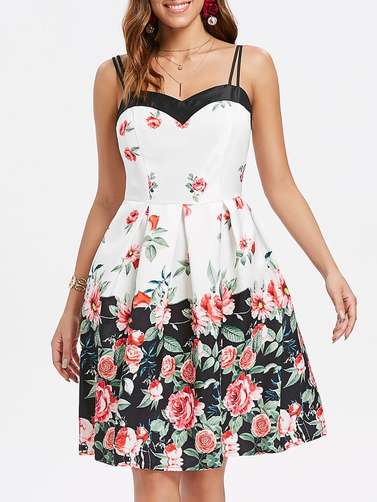 

Roses Print Double Straps Flare Dress, Milk white