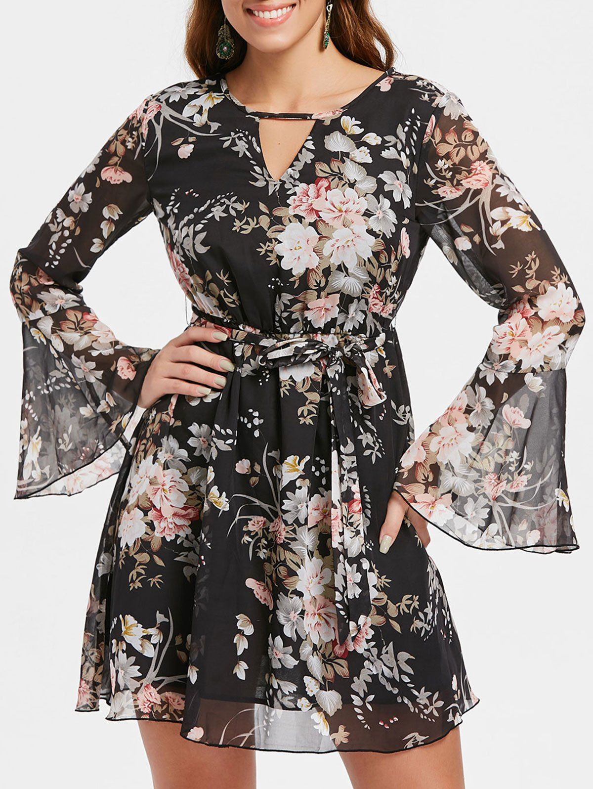 

Long Sleeve Mini Floral Chiffon Dress, Black