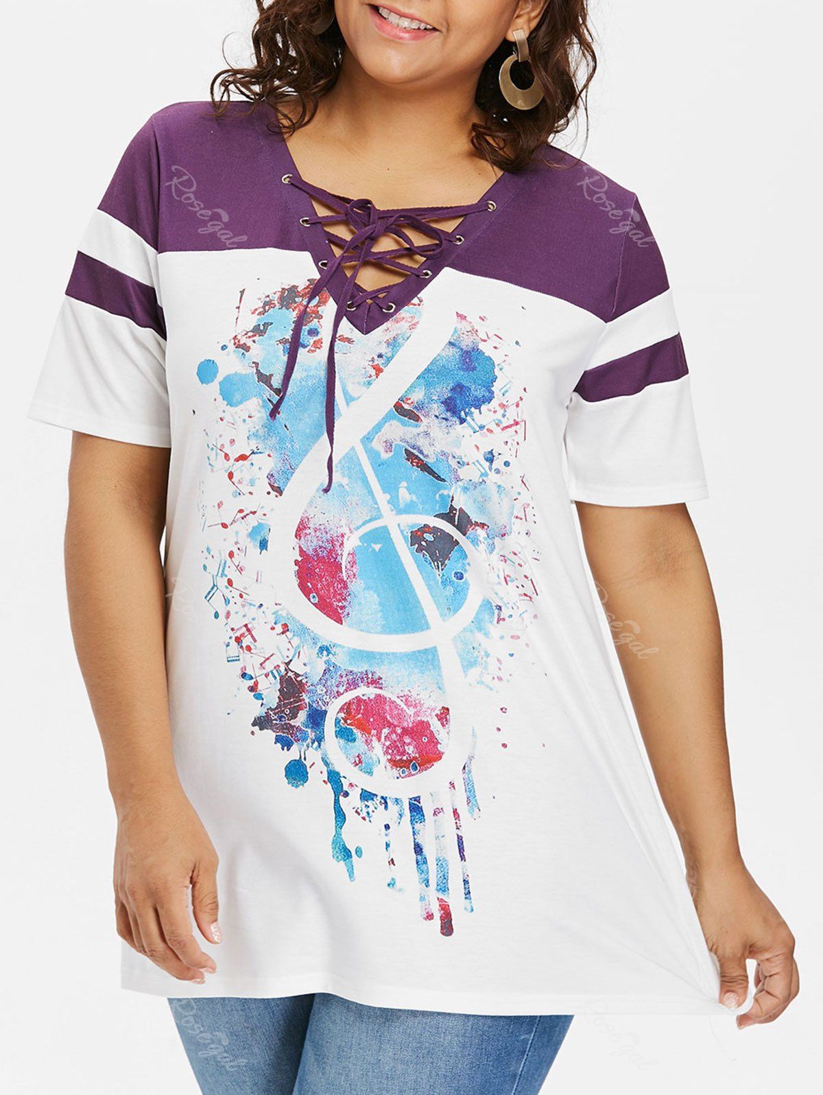 

Lace Up Collar Plus Size Print T-shirt, Purple jam