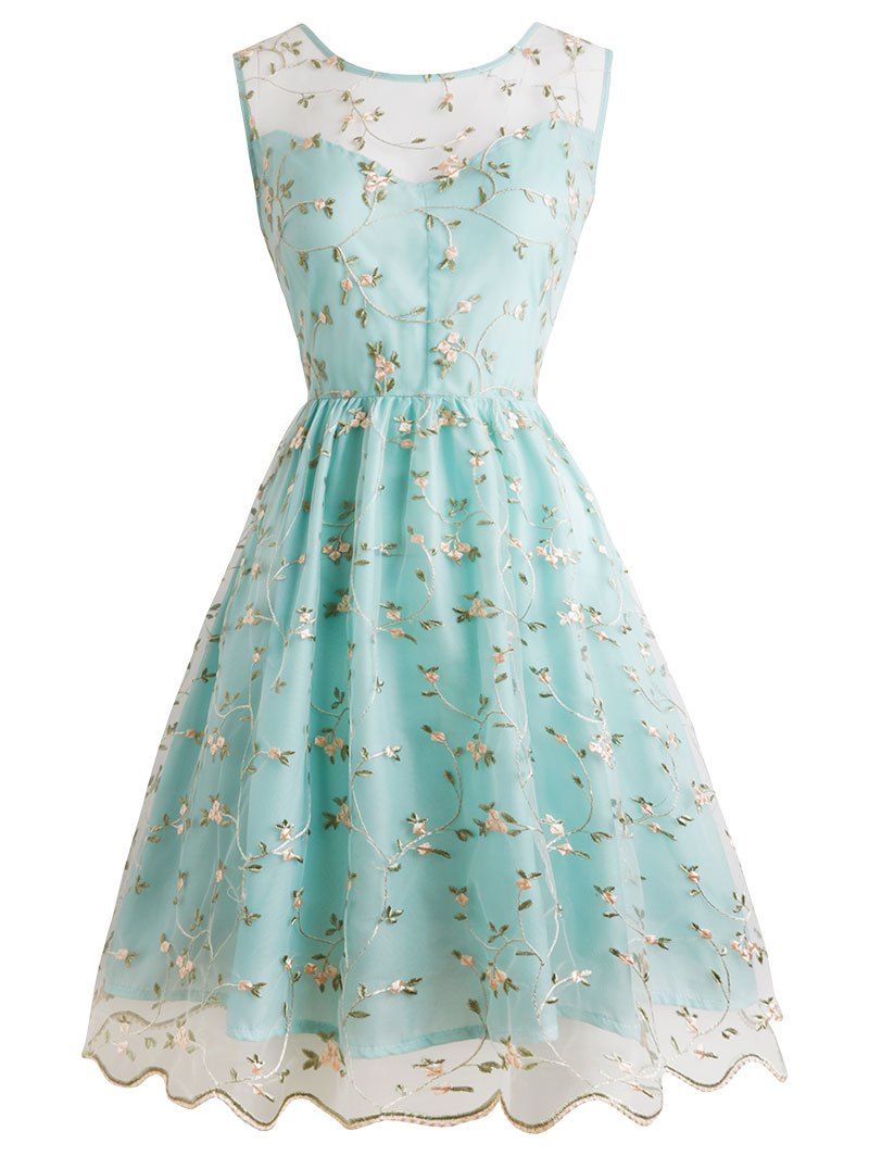 

Tiny Floral Embroidery Sleeveless Dress, Light blue