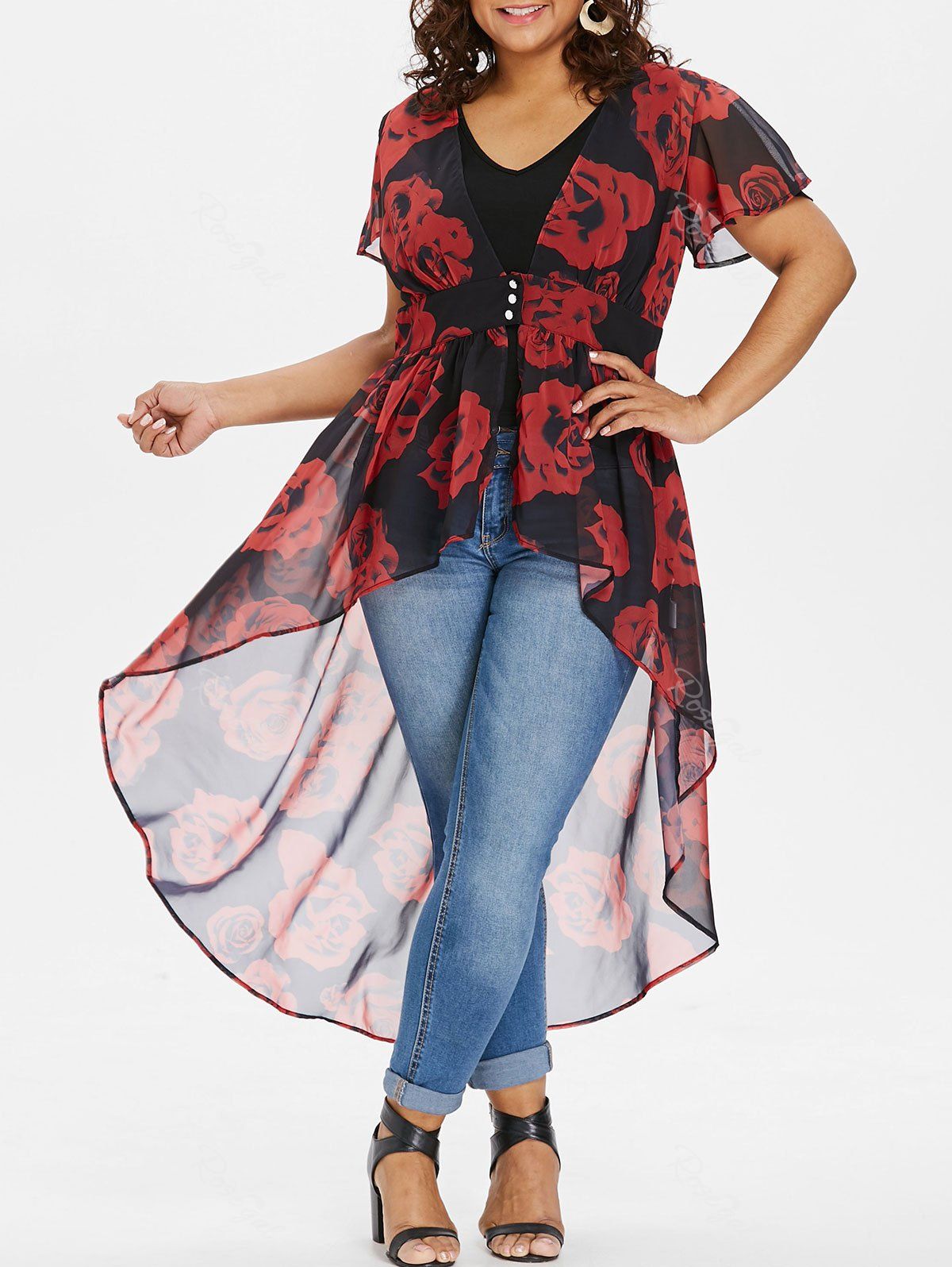 

Plus Size Floral Blouse with V Neck Tank Top, Red