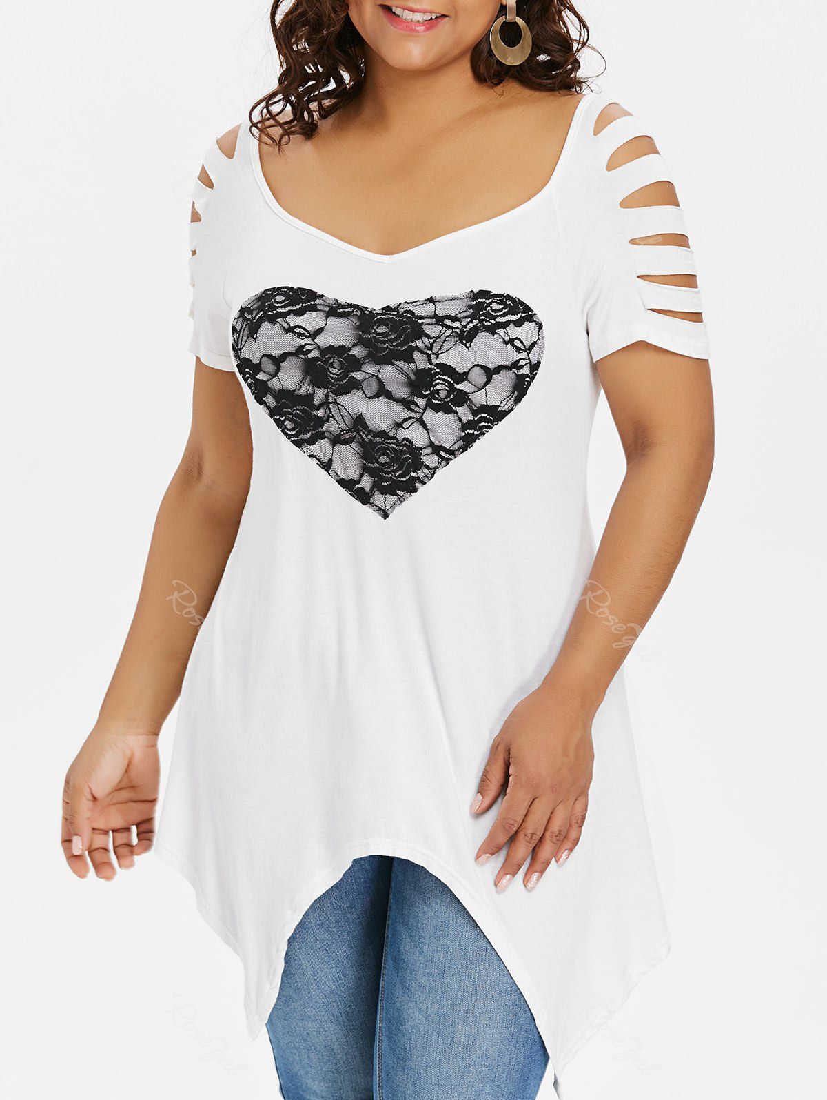 

Shredding Sleeve Plus Size Lace Panel T-shirt, White