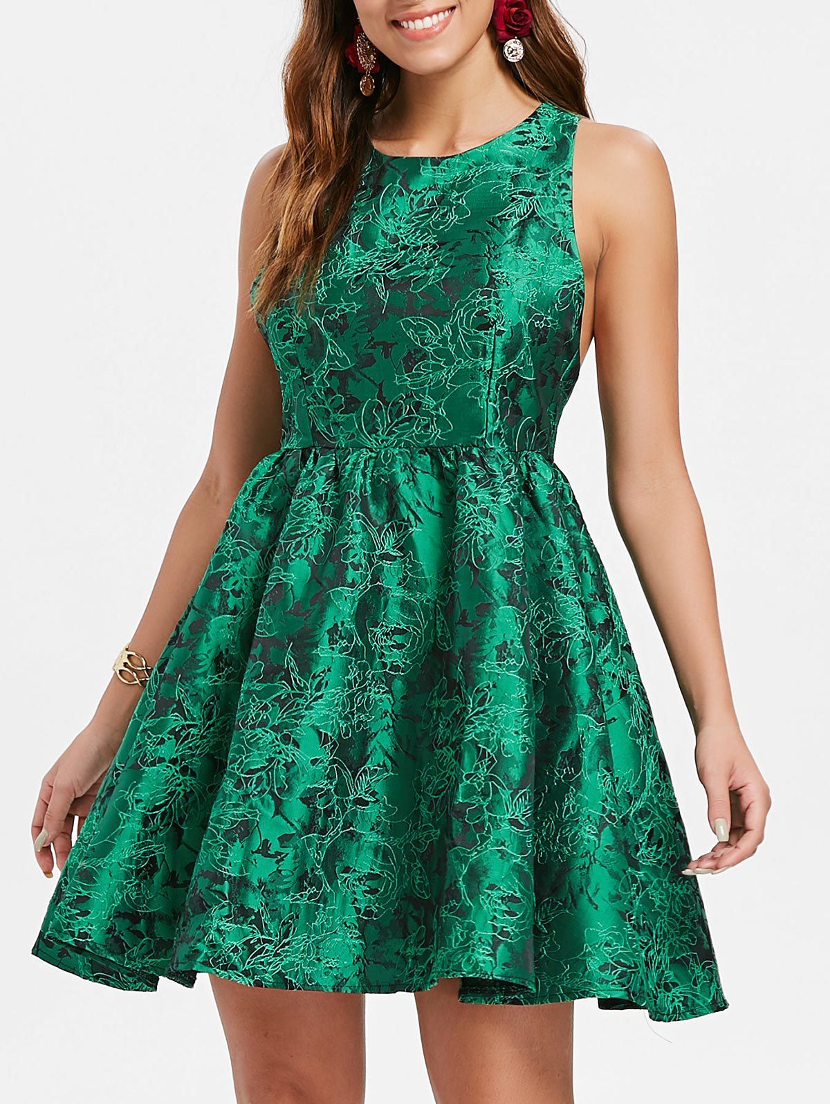 

Jacquard Cut Out Fit and Flare Dress, Green