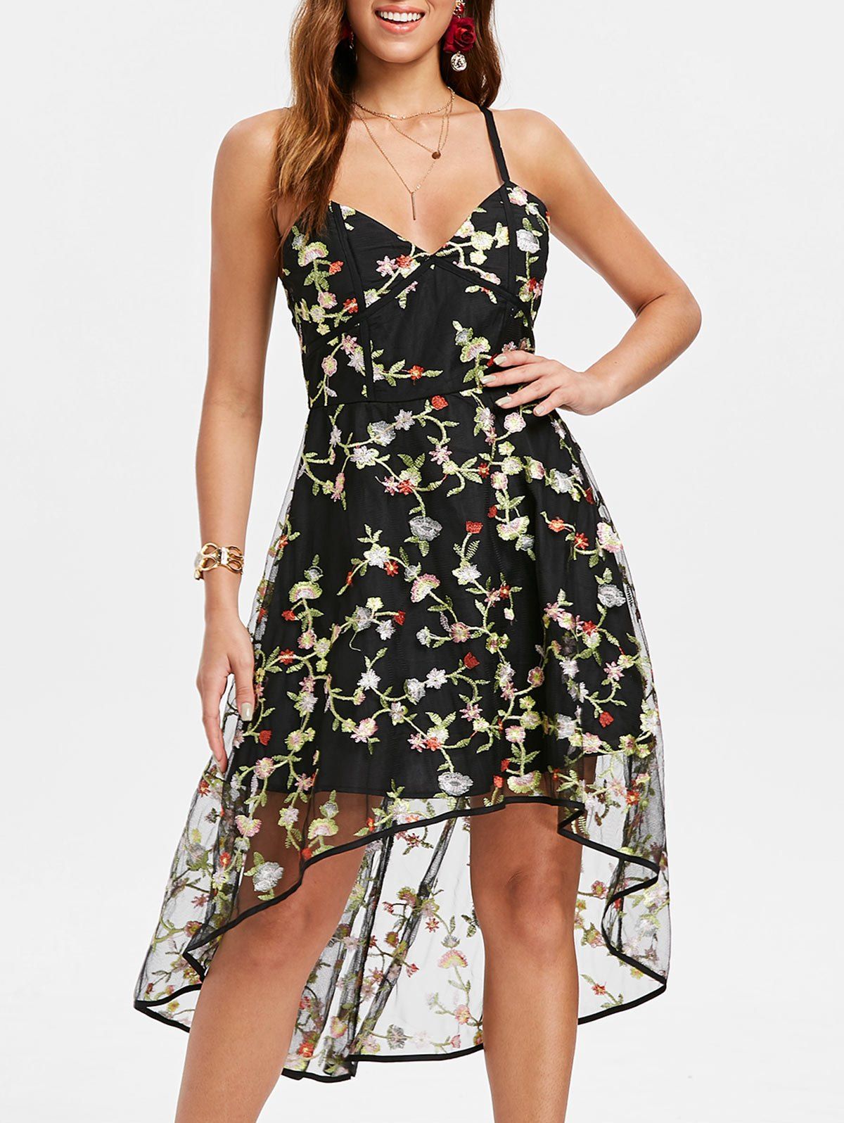 

Embroidered High Low Mesh Overlay Dress, Black