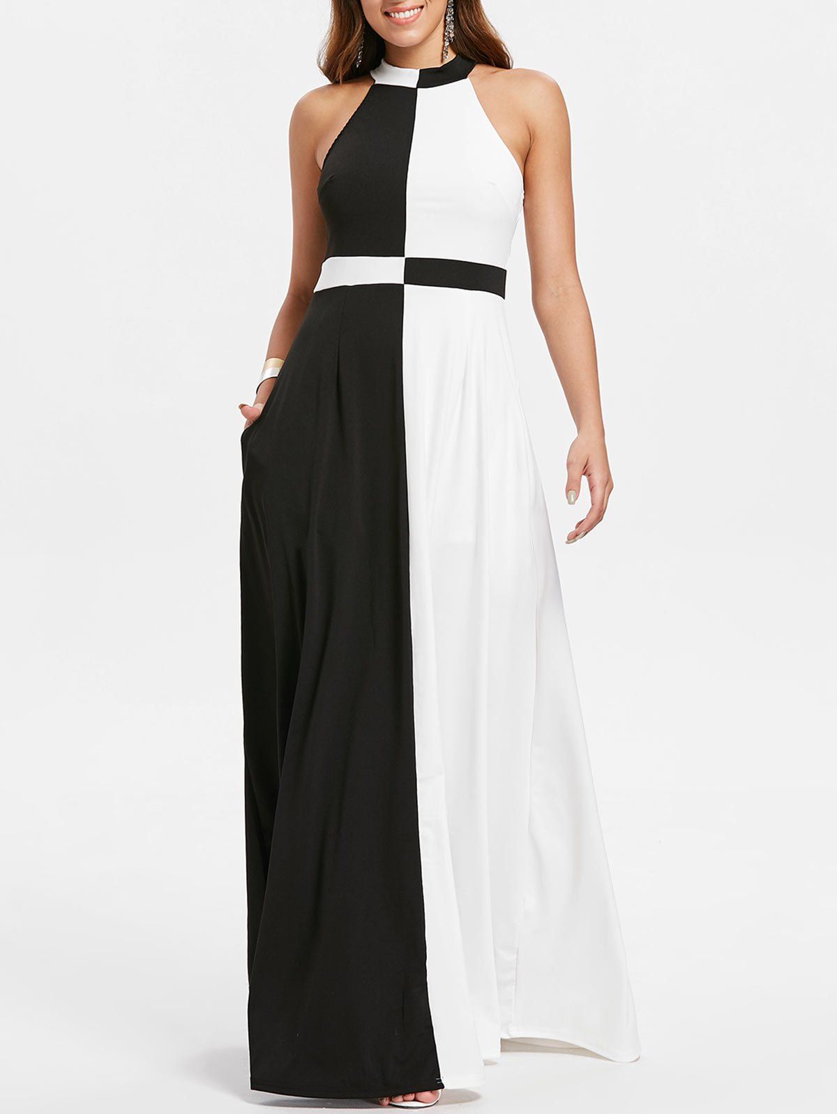 

Color Block Sleeveless Floor Length Dress, Black