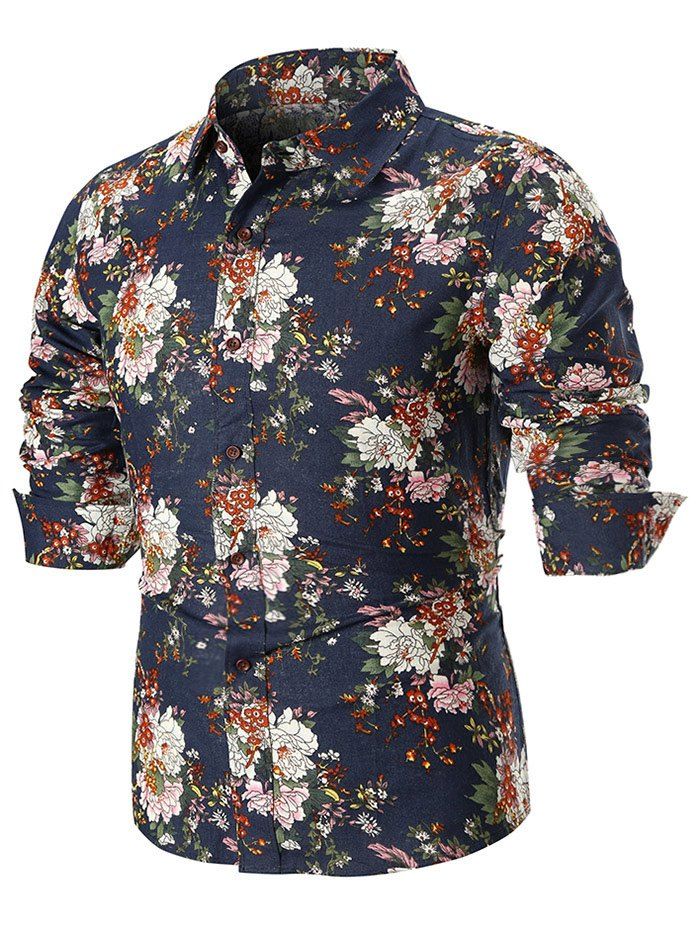 

Allover Peony Print Casual Shirt, Blue jay