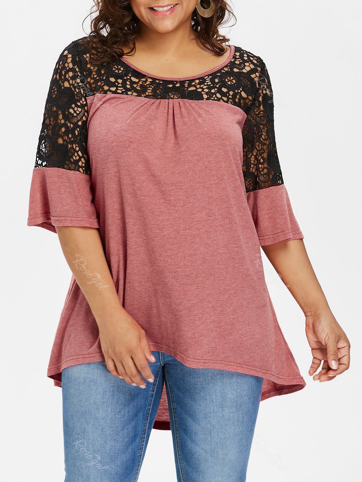 

Plus Size Lace Trim High Low Hem T-shirt, Pink daisy