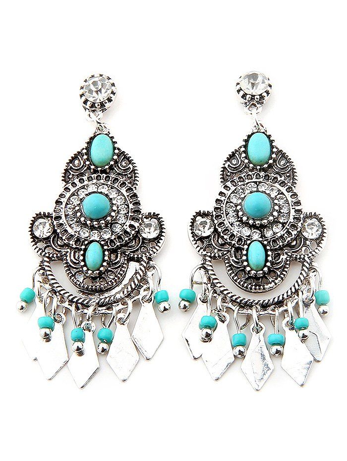 

Rhinestone Inlaid Faux Turquoise Alloy Bohemian Earrings, Silver