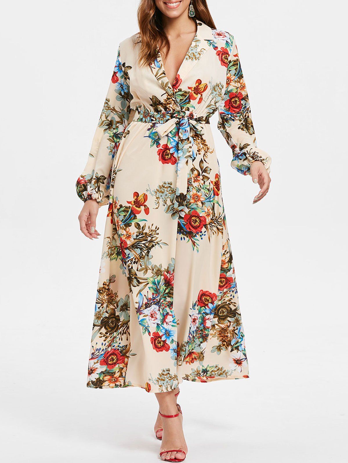 

Long Sleeve Lapel Collar Maxi Floral Dress, Multi