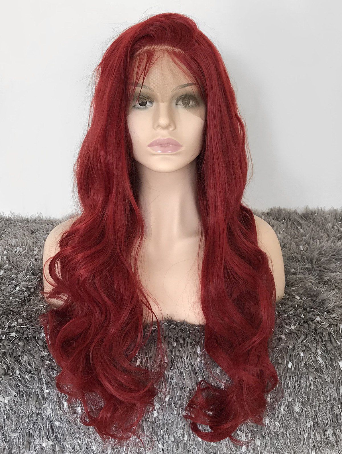 

Long Free Part Wavy Party Lace Front Synthetic Wig, Red wine