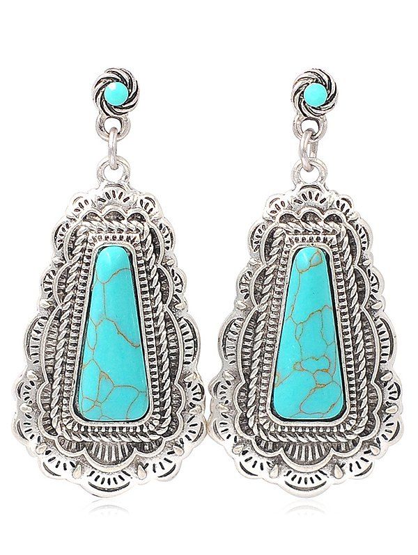 

Vintage Carving Metal Faux Turquoise Drop Earrings, Silver
