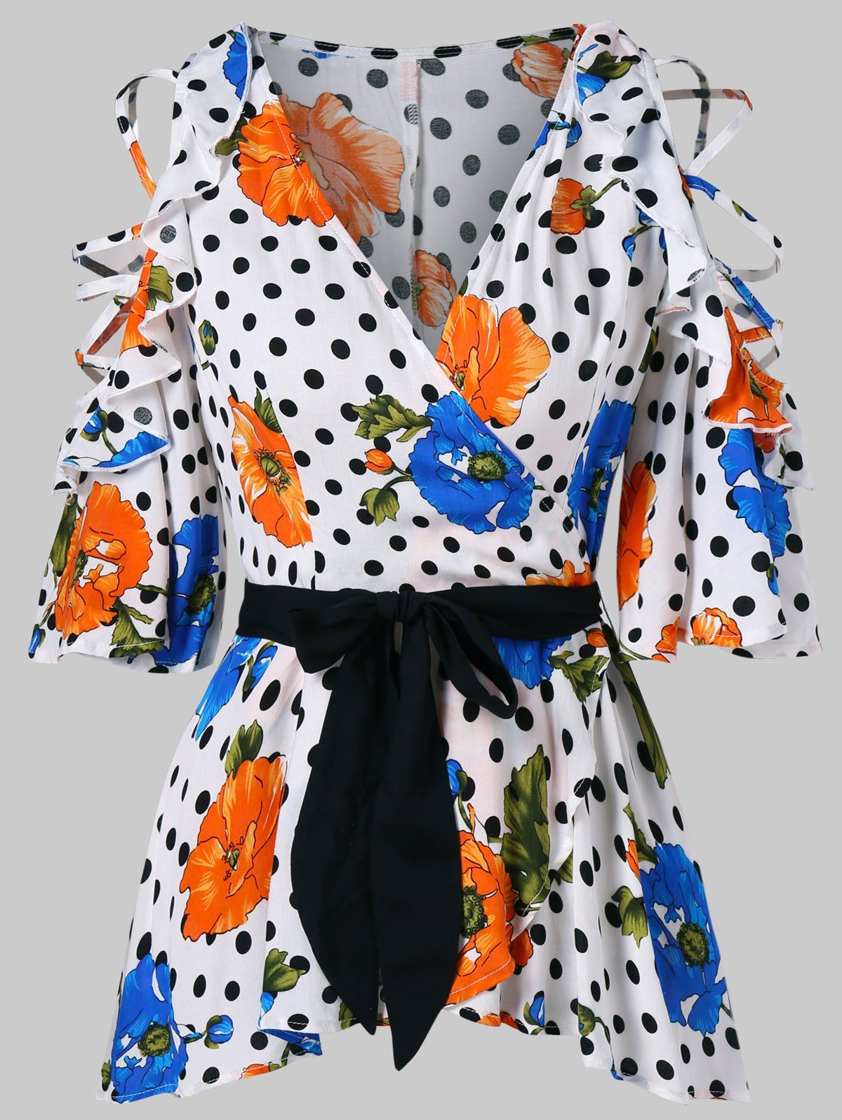 

Flower Polka Dot Print Faux Wrap Blouse, Multi