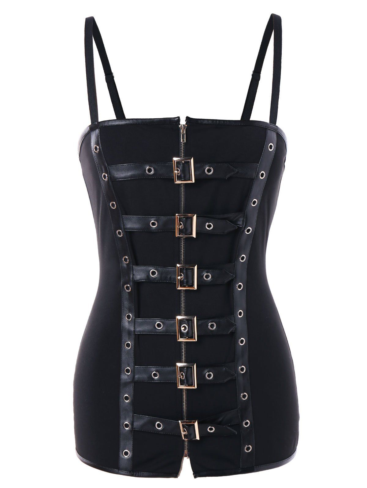 

Buckle Up Open Back Spaghetti Strap Top, Black