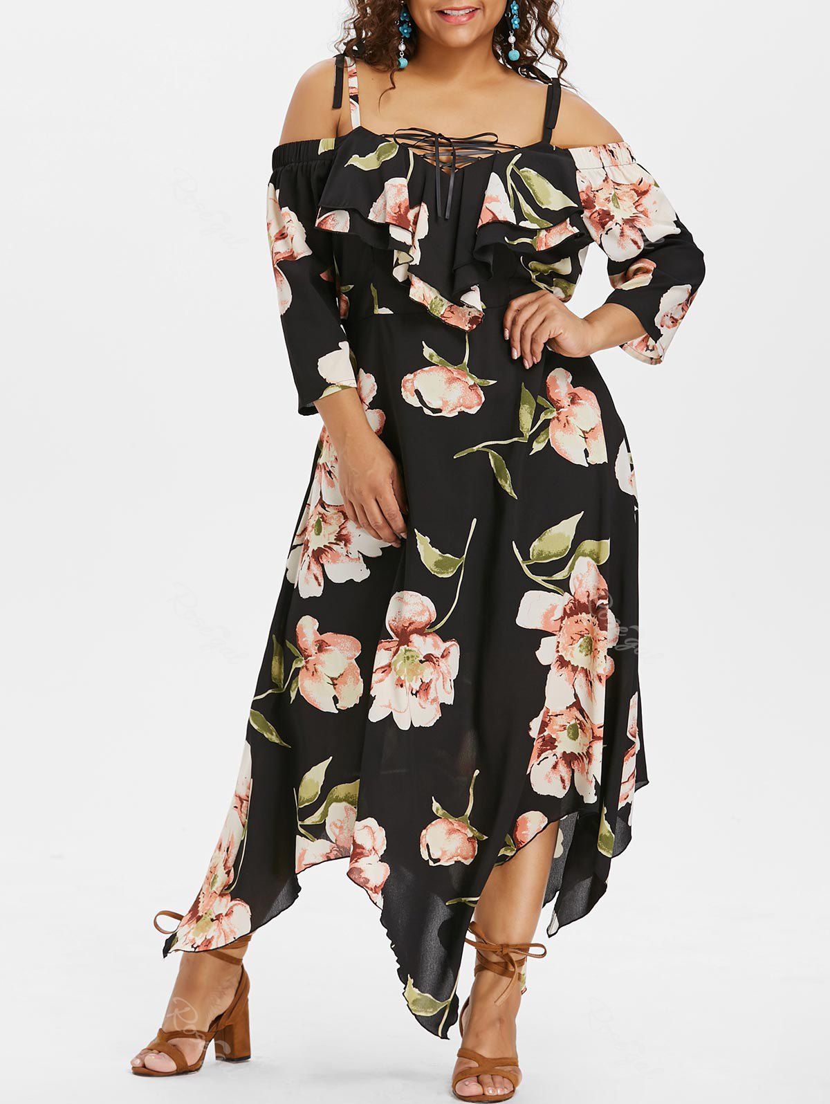 

Plus Size Cold Shoulder Ruffle Handkerchief Dress, Black