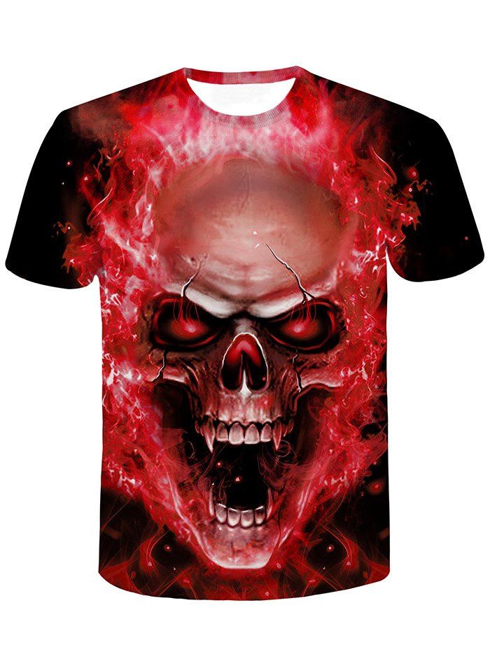 

Short Sleeve Flame Skull Printed T-shirt, Love red